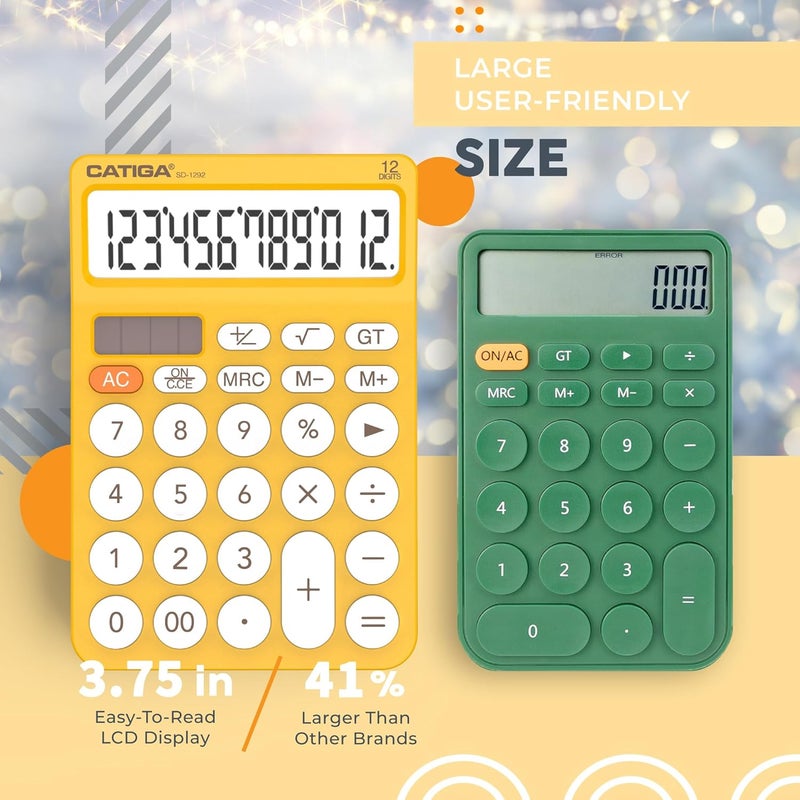 CATIGA 12 Digit Desktop Calculator Basic Desk Calculator with Large LCD Display, Big Buttons, 4 Function, Solar and Battery Dual Power, for Office, School, Home, SD-1292 Yellow - Image 3